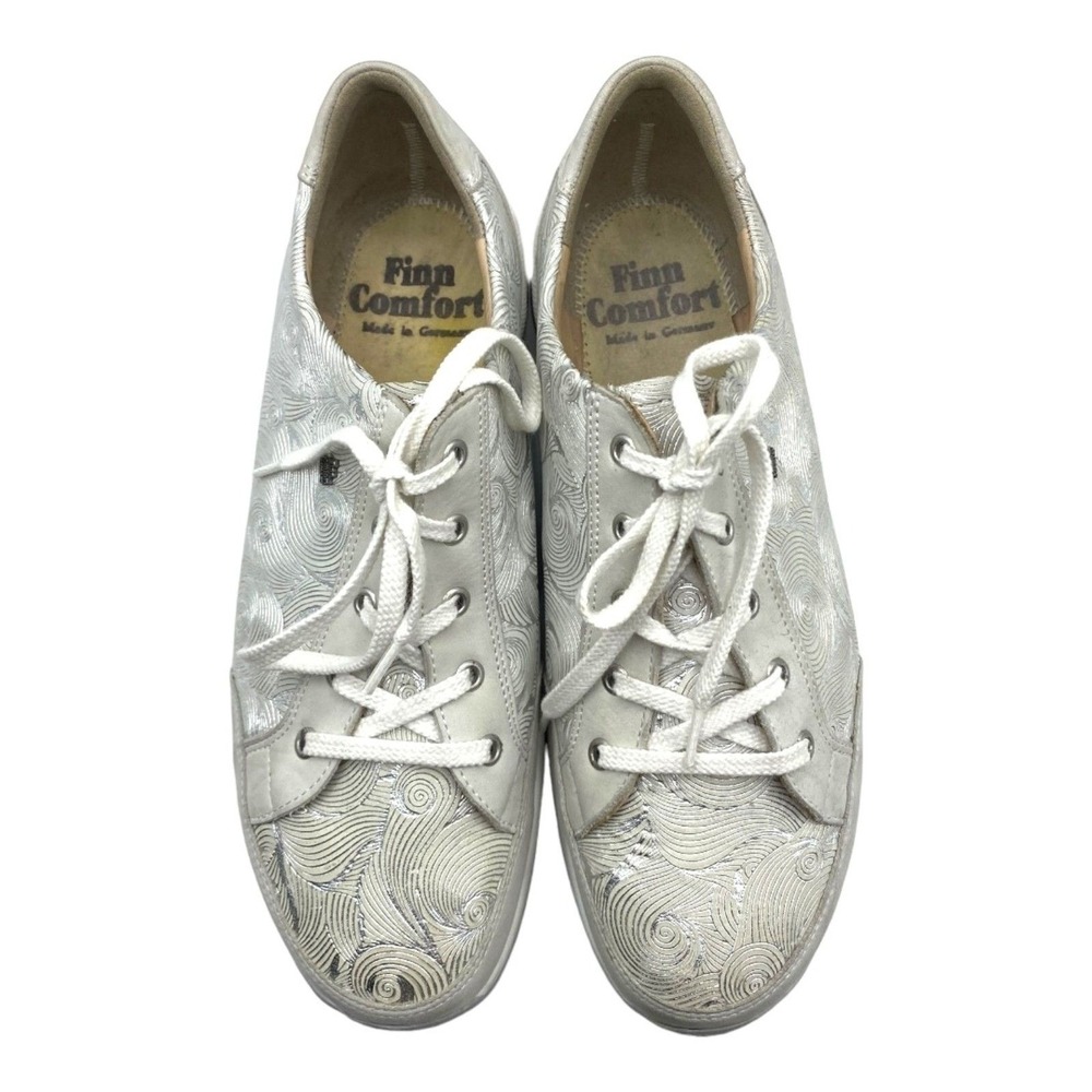 Finn Comfort Womens 6.5 Silver Swirl Leather Lace‎ Up Walking Sneakers Germany - Picture 3 of 15